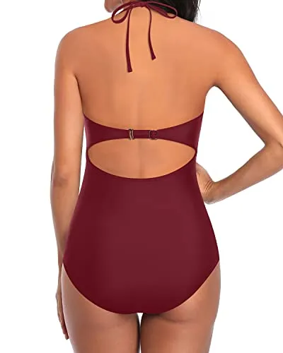 V Neck Open Back Monokini Halter One Piece Swimsuits-Maroon
