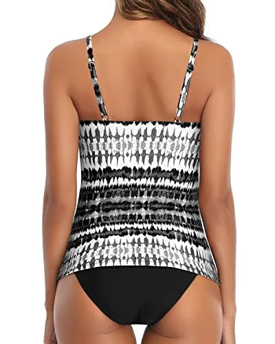 Versatile High Neck Two Piece Tankini Swimsuit-Black And White Tribal