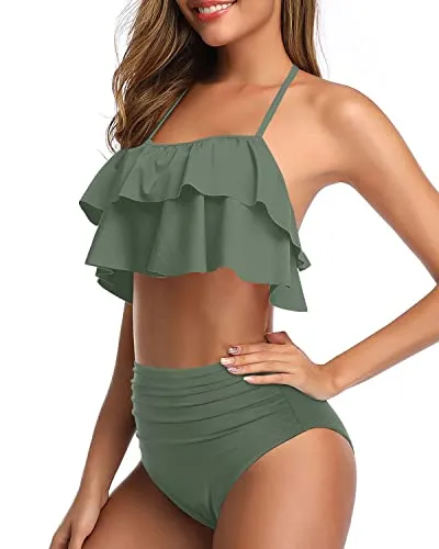 Vintage Backless Two Piece Swimsuit Padded Bra For Juniors-Olive Green