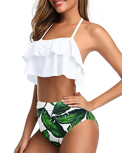Vintage Halter Bikini Ruffled Tummy Control Bottoms-White Leaf