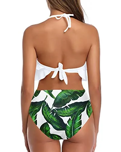 Vintage Halter Bikini Ruffled Tummy Control Bottoms-White Leaf