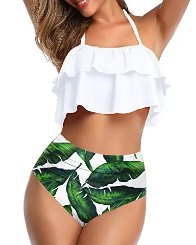Vintage Halter Bikini Ruffled Tummy Control Bottoms-White Leaf