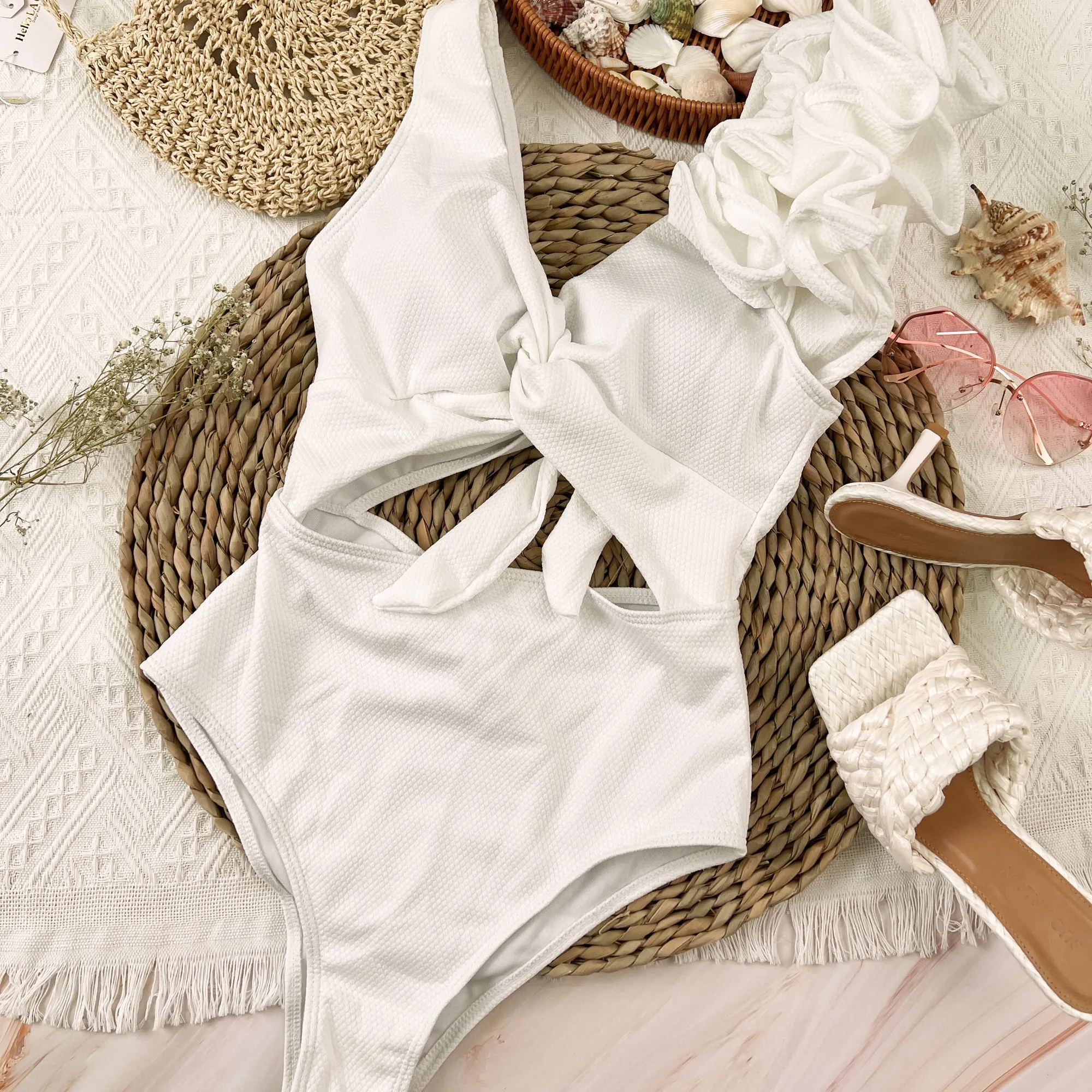 White Cut Out Ruffle Shoulder One-Piece Swimsuit