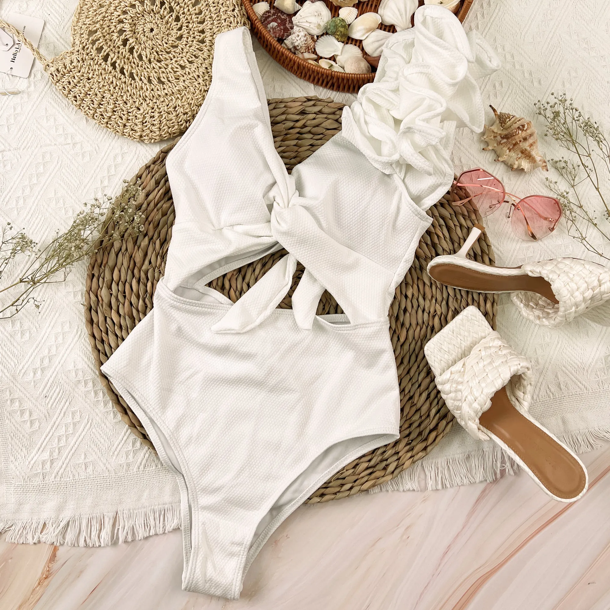 White Cut Out Ruffle Shoulder One-Piece Swimsuit