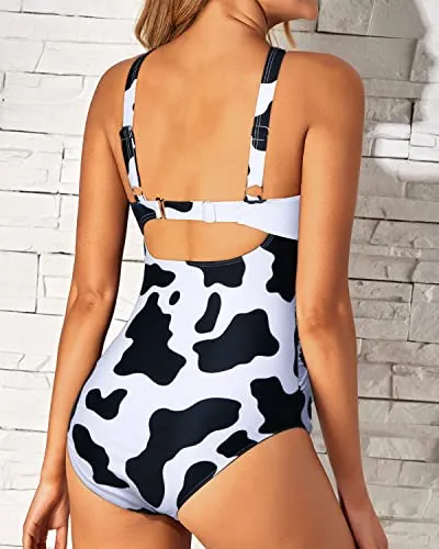Women Front Cross Keyhole One Piece Tummy Control Bathing Suit-Cow Print
