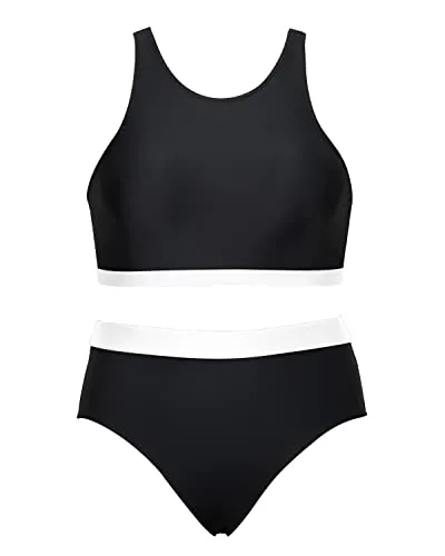 Women High Neck Crop Top Tummy Control Sporty Bathing Suits-Black And White