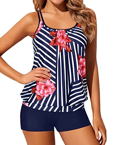 Women Modest Coverage Boyshort Tankini Bottoms Bathing Suits-Blue Floral