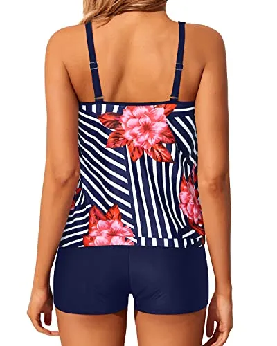 Women Modest Coverage Boyshort Tankini Bottoms Bathing Suits-Blue Floral