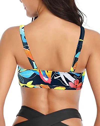 Women Ruffle Flounce Bikini Solid Swimsuit Top Bathing Suit-Black Leaves