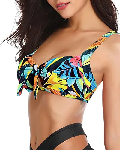 Women Ruffle Flounce Bikini Solid Swimsuit Top Bathing Suit-Black Leaves