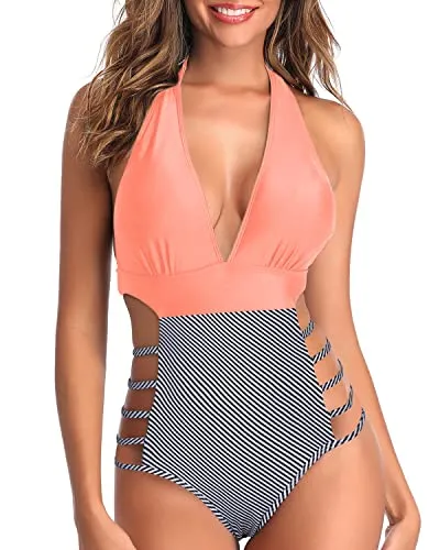 Women Sexy One Piece Swimsuits Cutout Monokini Plunge V Neck Halter Bathing Suits-Coral Pink Stripe