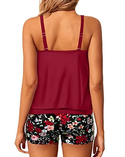 Women Tummy Area Coverage Blouson Tankini Swimsuits-Red Floral