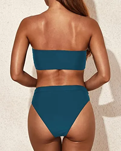 Women Two Piece Bandeau Swimsuit High Cut Bathing Suits Cheeky High Waist Bikini Set-Teal