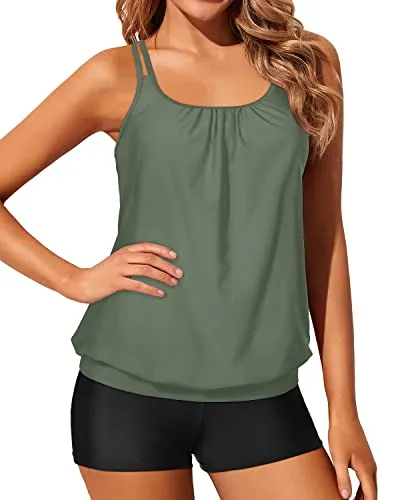 Women Two Piece Blouson Tankini Swimsuits Modest-Olive Green