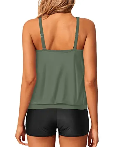 Women Two Piece Blouson Tankini Swimsuits Modest-Olive Green