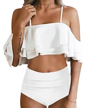 Women Two Piece High Waisted Bikini Set Ruffle Off Shoulder Bathing Suits