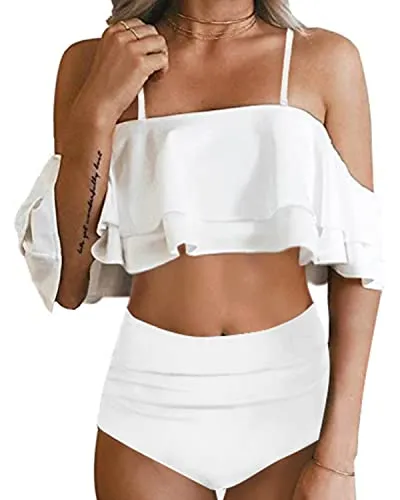 Women Two Piece High Waisted Bikini Set Ruffle Off Shoulder Bathing Suits