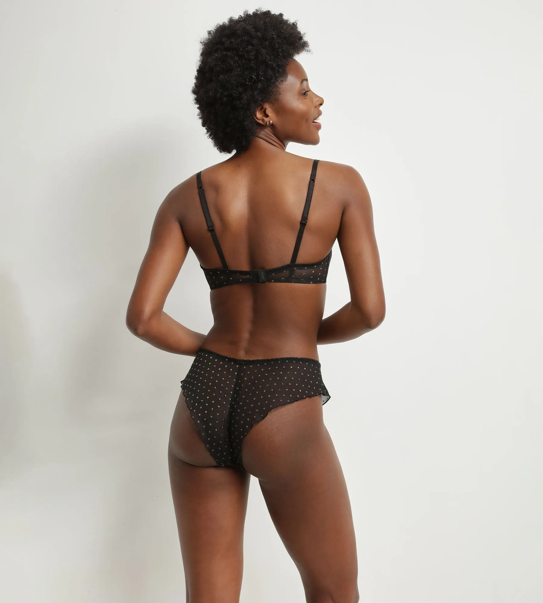 Women's halter top in black translucent tulle with Lurex polka dots Dim Shiny Mesh