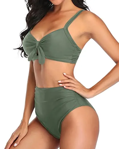 Women's High Waisted Bikini Set Tummy Control Ruched Tie Knot-Army Green