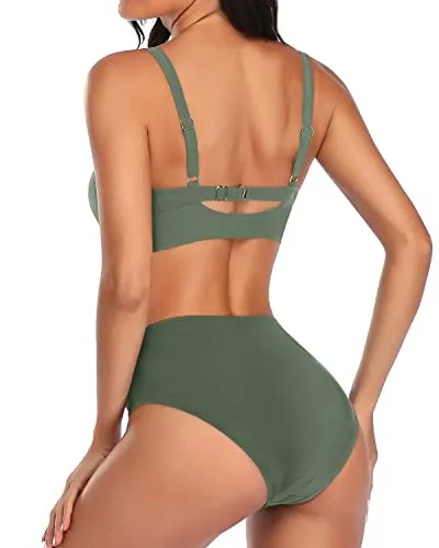 Women's High Waisted Bikini Set Tummy Control Ruched Tie Knot-Army Green