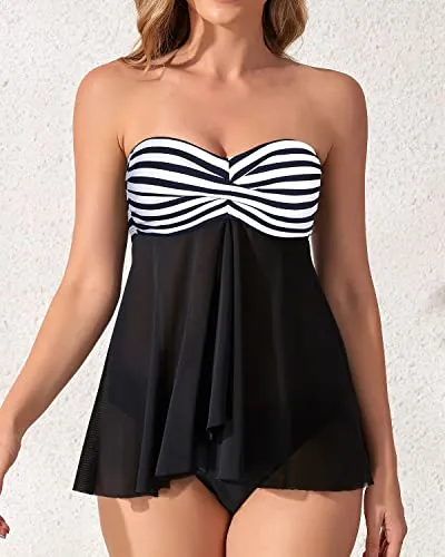 Women's Mid Rise Halter Bandeau Flyaway Tankini Swimsuit-Black And White Stripe