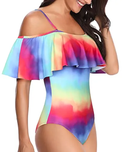 Women's Off Shoulder Slimming One Piece Swimsuits-Color Tie Dye