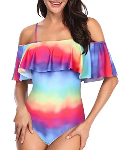 Women's Off Shoulder Slimming One Piece Swimsuits-Color Tie Dye