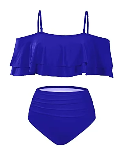 Women's Ruffle Off Shoulder Bikini Swimsuit Set-Royal Blue
