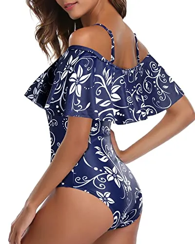 Women's Ruffle Tummy Control Bathing Suit Retro Off Shoulder One Piece Swimsuit