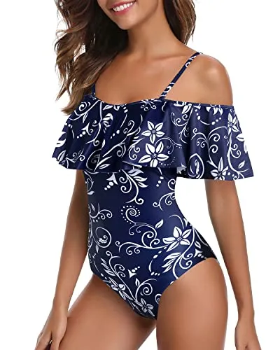 Women's Ruffle Tummy Control Bathing Suit Retro Off Shoulder One Piece Swimsuit