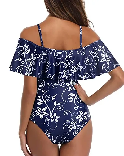 Women's Ruffle Tummy Control Bathing Suit Retro Off Shoulder One Piece Swimsuit