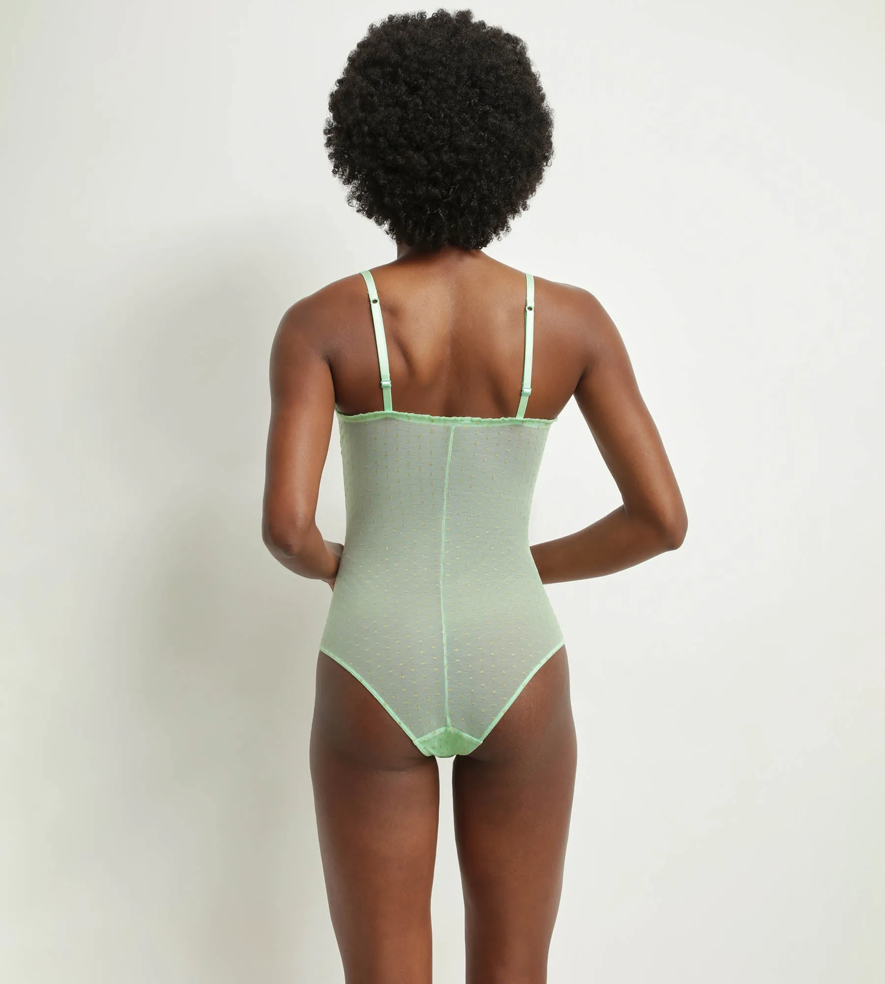 Women's sheer tulle bodysuit in green with lurex polka dots Dim Shiny Mesh