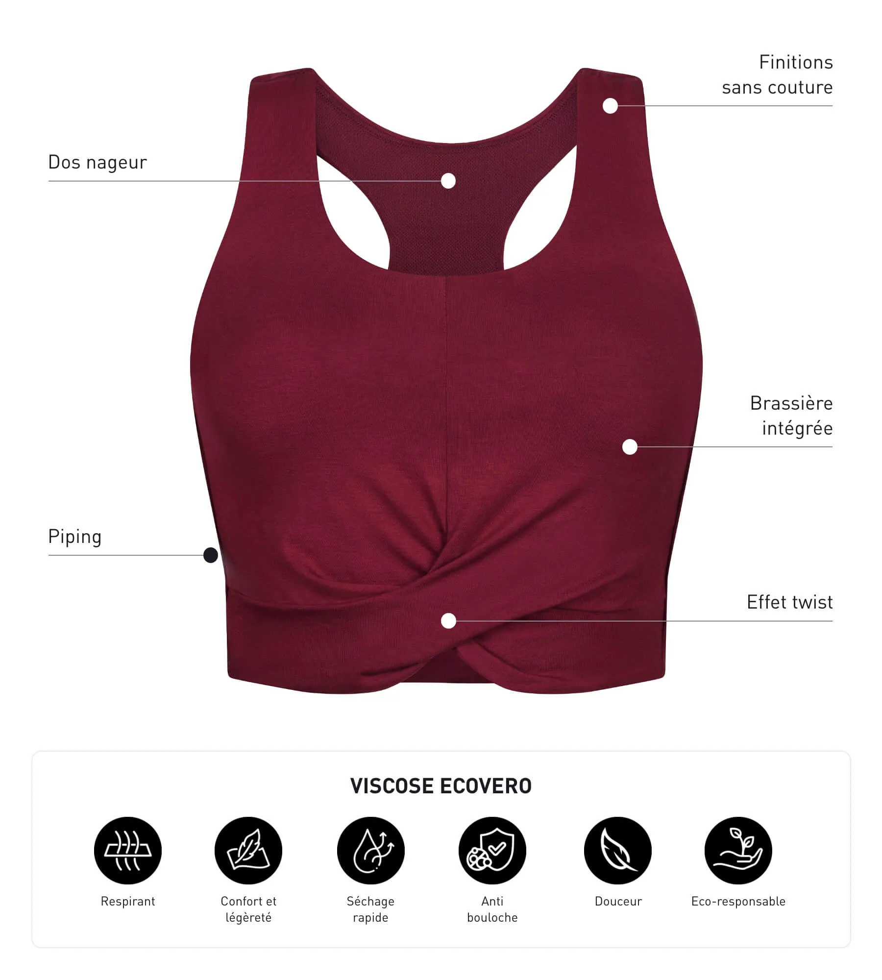 Women's sports tank top burgundy with integrated bra Dim Move