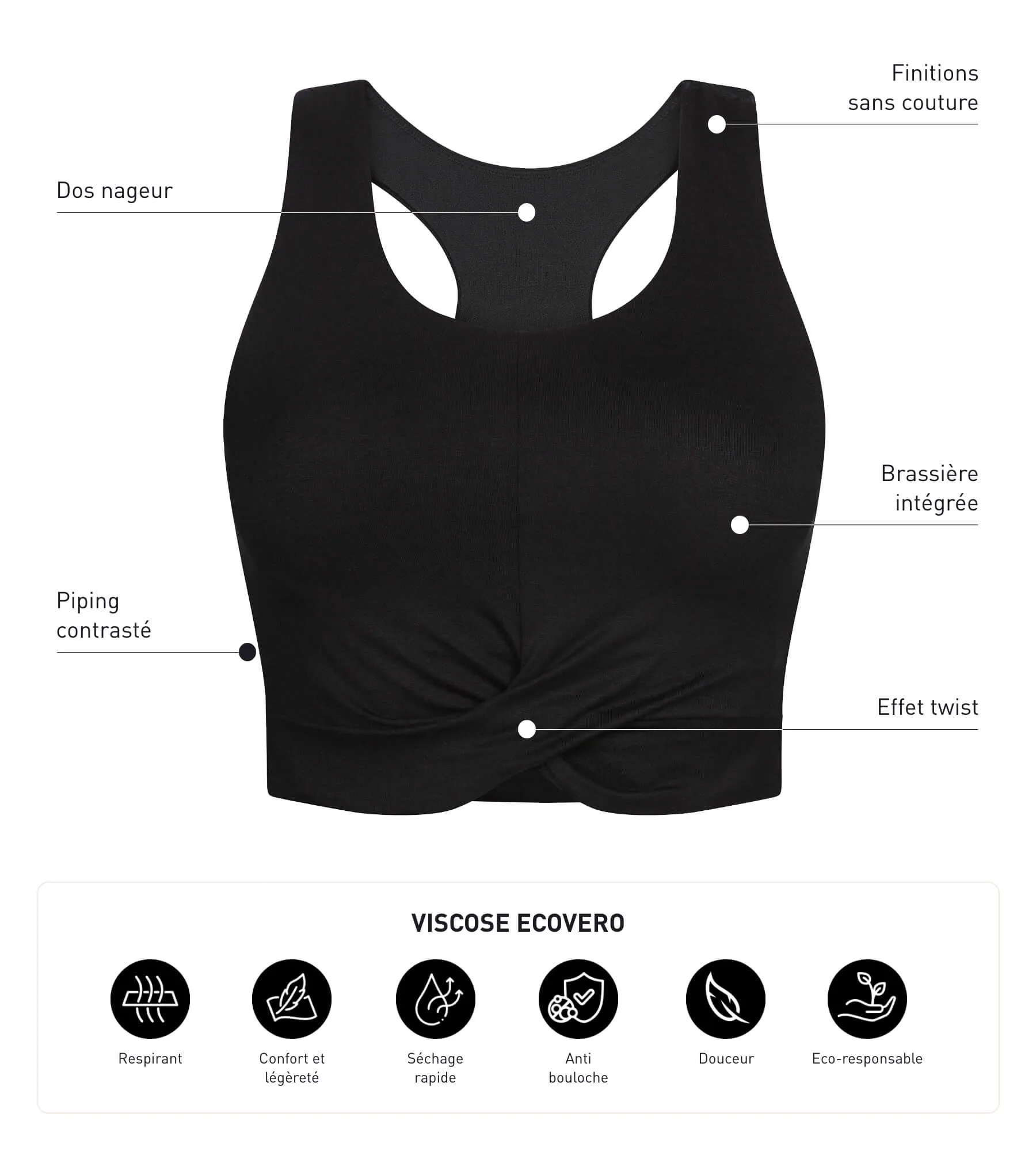 Women's sports tank top in black viscose with bra Dim Move
