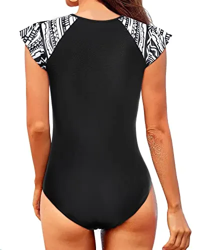 Women's Tummy Control Short Sleeve One Piece Rash Guard-Black Tribal