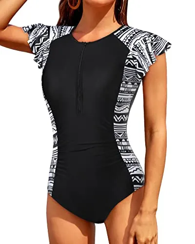 Women's Tummy Control Short Sleeve One Piece Rash Guard-Black Tribal