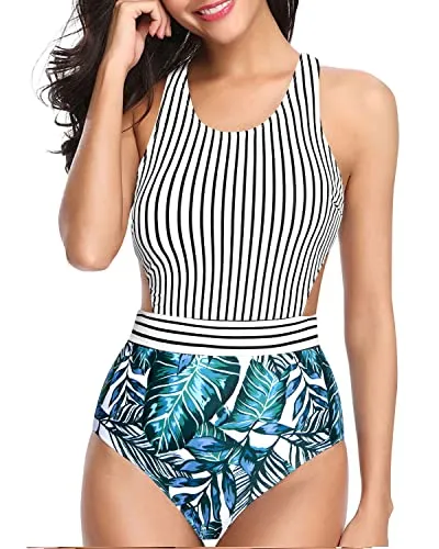 Zip-Up Monokini One Piece Tummy Control Cutout Swimsuits For Teen Girls-Stripe And Leaf