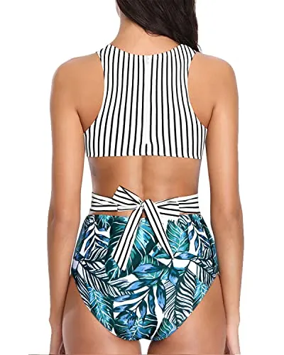 Zip-Up Monokini One Piece Tummy Control Cutout Swimsuits For Teen Girls-Stripe And Leaf