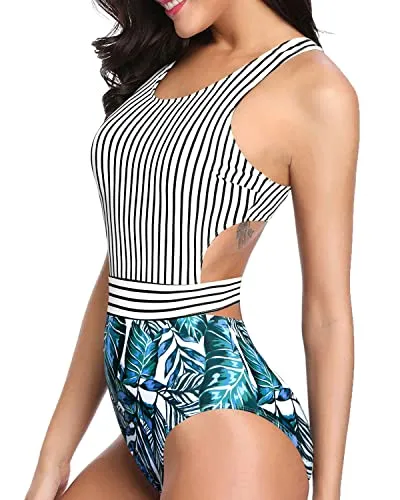 Zip-Up Monokini One Piece Tummy Control Cutout Swimsuits For Teen Girls-Stripe And Leaf